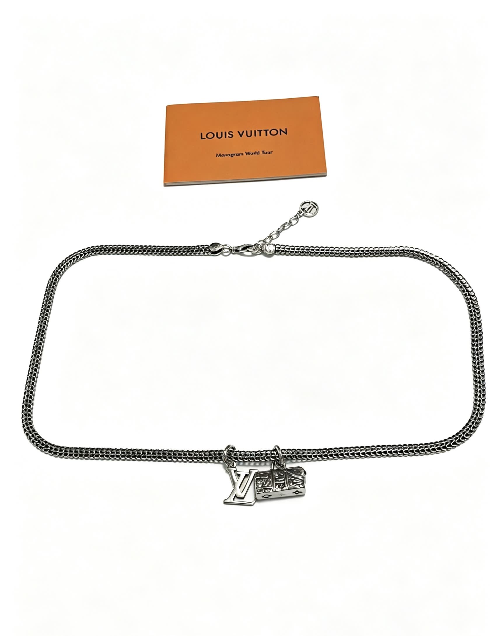Louis Vuitton Silver Tone Chain Necklace with LV and Monogram Bag Charms